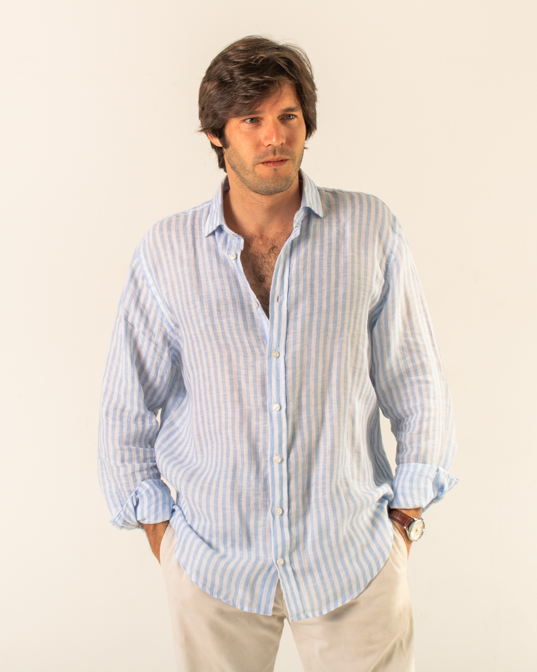 Camisa lino rayas azul