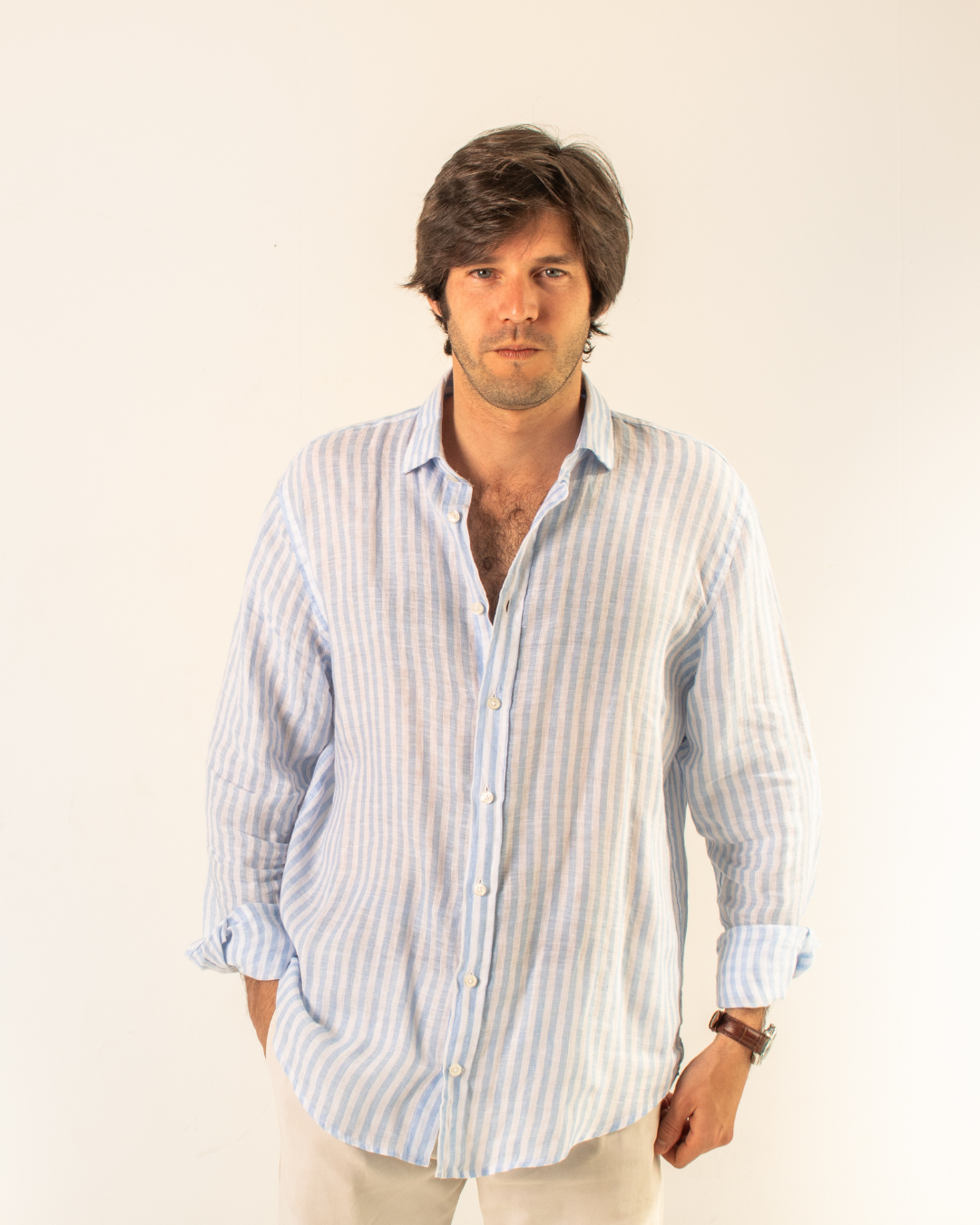 Camisa lino rayas azul